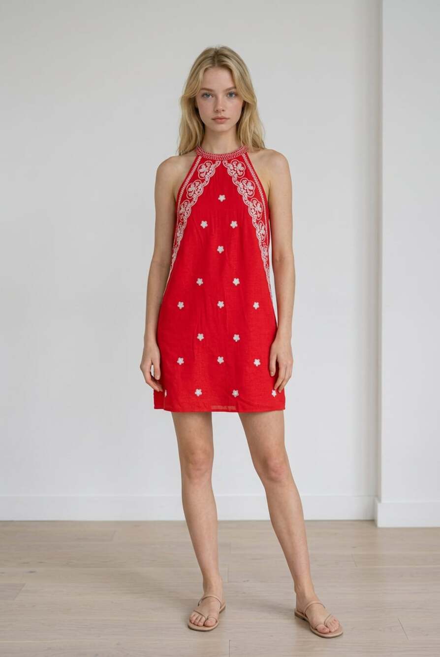 THML Red Sleeveless Halter Mini Dress with White Floral Embroidery